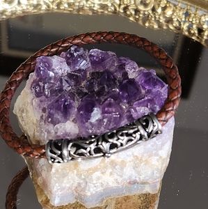 Women's 925 Bali Genuine Braided Leather Bracelet with 925 Silver Bar Accent.